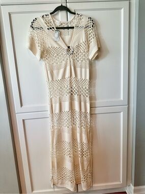 Anne Cole Cream Crochet Maxi Dress with V-Neck Ring Detail